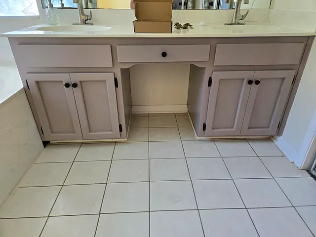 Bathroom Cabinet Refinishing — in progress stage