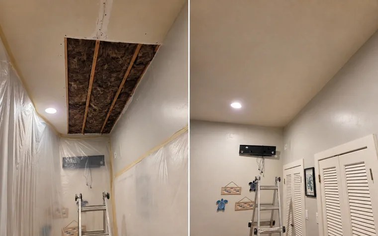 Before-and-after comparison of a large ceiling drywall repair with matched texture