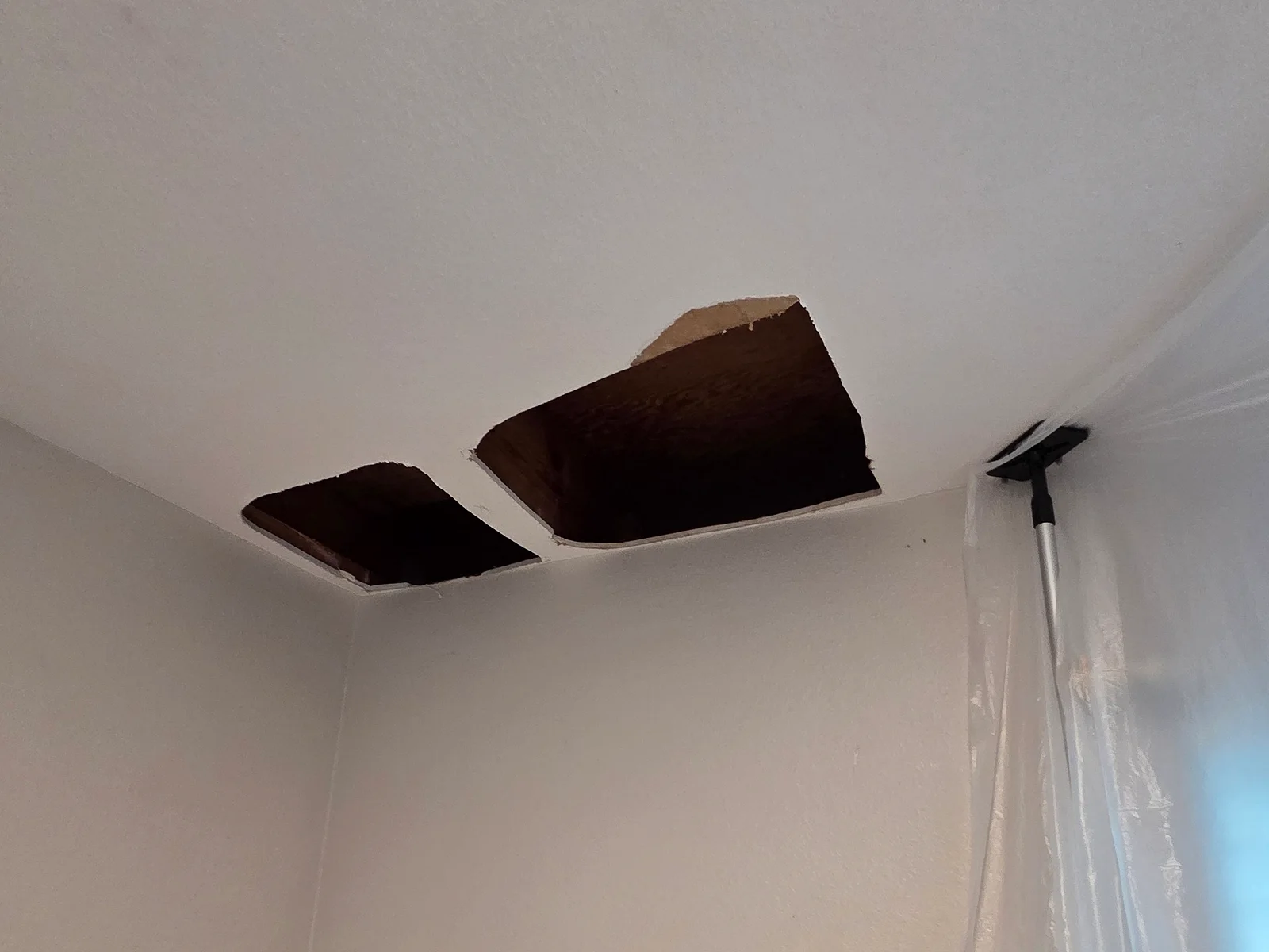 Two openings in a damaged ceiling prepared for drywall repair, with nearby walls protected
