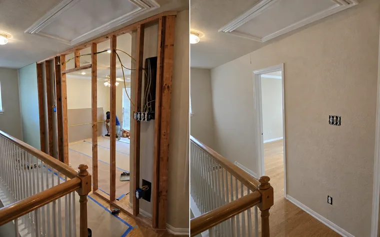 Before-and-after comparison of an interior wall framing and doorway renovation