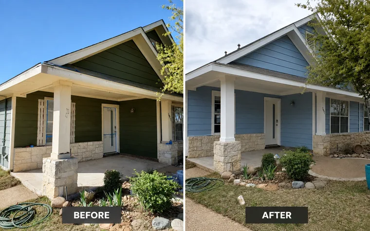 Before-and-after comparison of an Austin home exterior repainted from dark green to blue